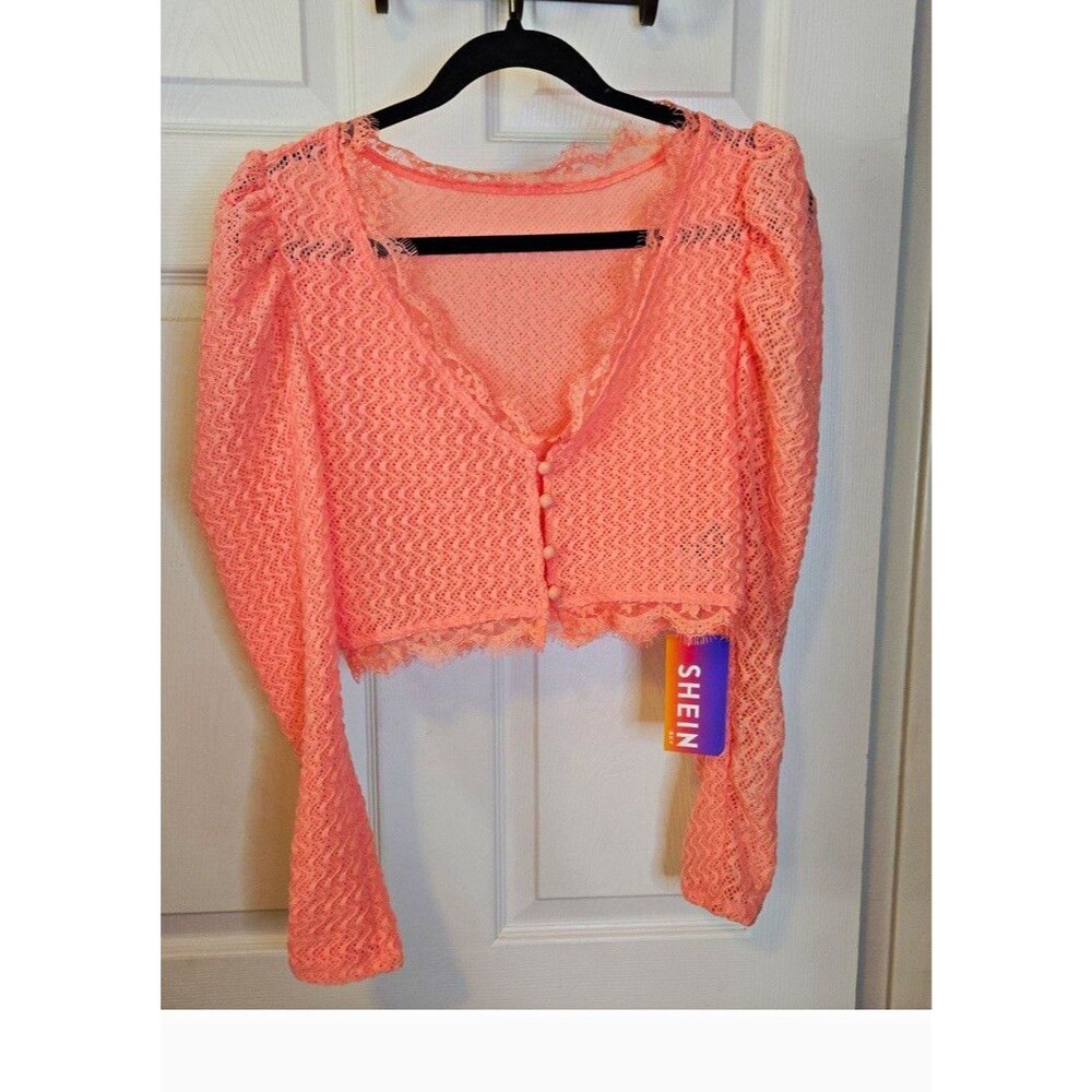 SHEIN Pink Knit Lace Button Front V-Neck Long Sleeve Cardigan Sweater M